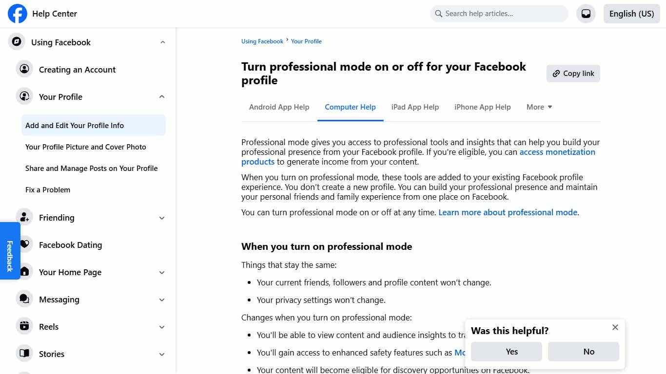 Turn professional mode on or off for your Facebook profile Facebook Help Center