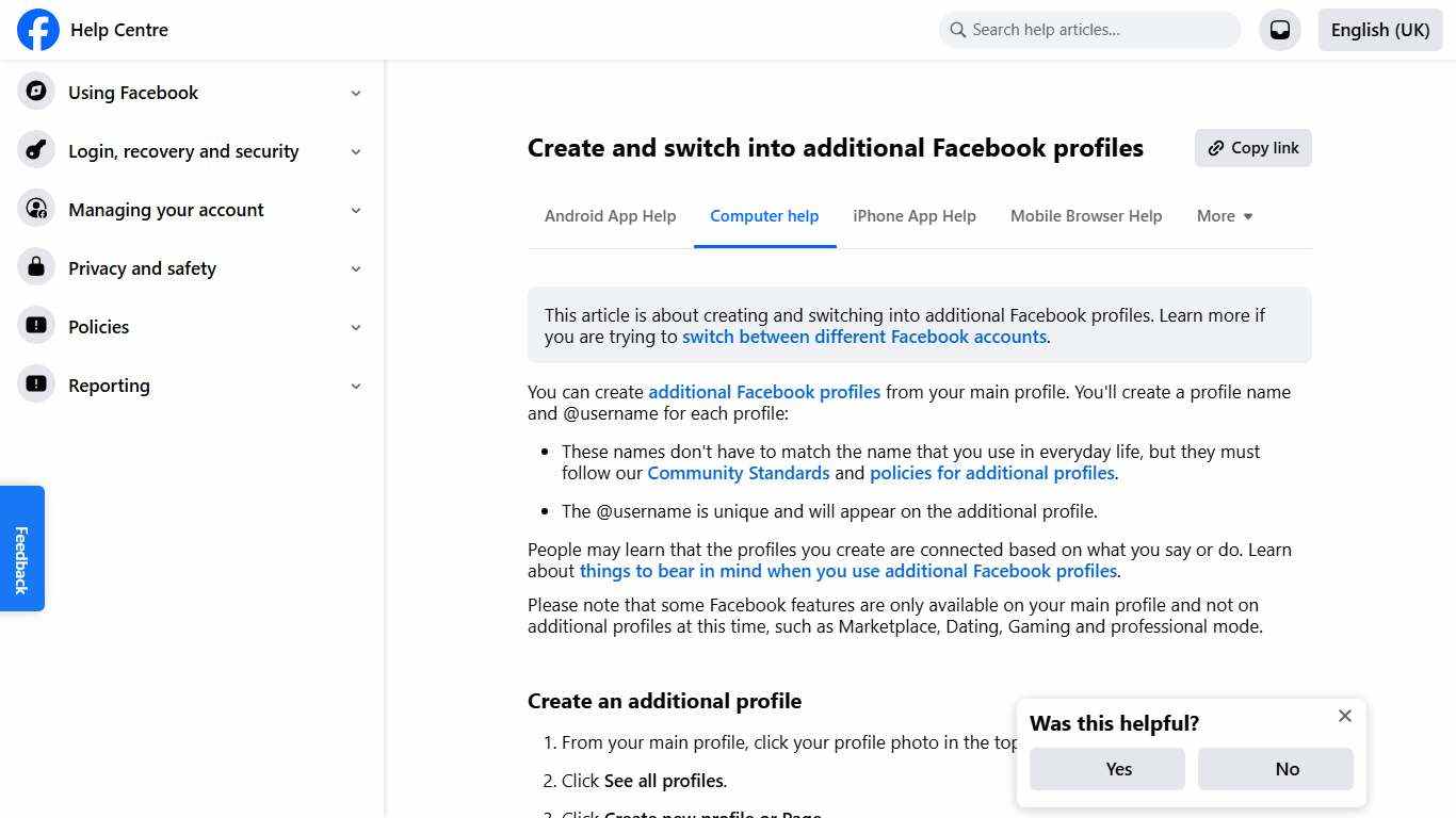 Create and switch into additional Facebook profiles Facebook Help Centre